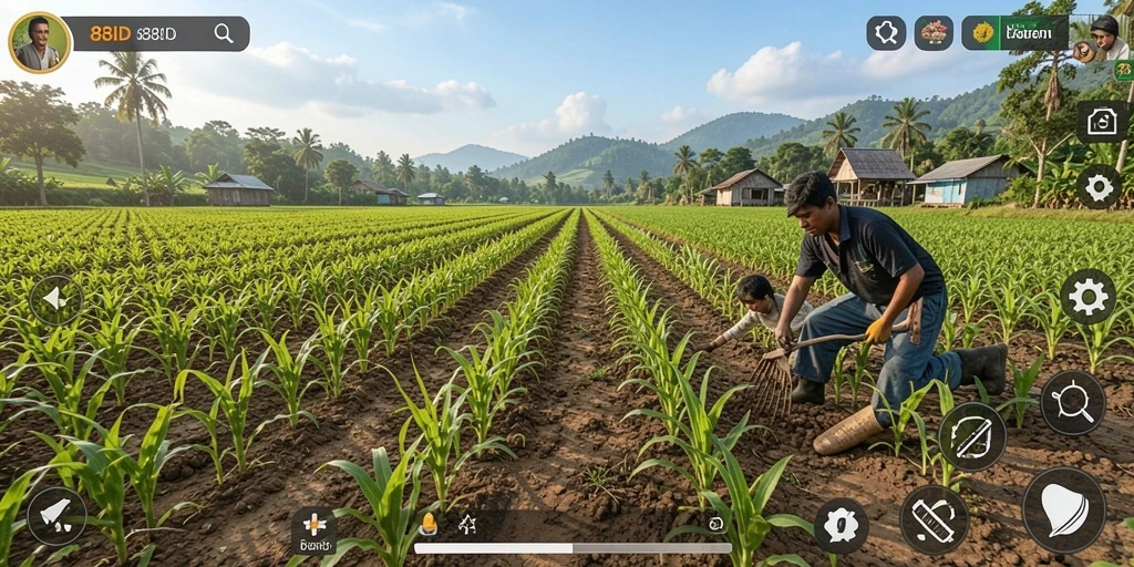 Screenshot gameplay 88ID menunjukkan aktivitas bertani yang seru dan grafis yang memukau.