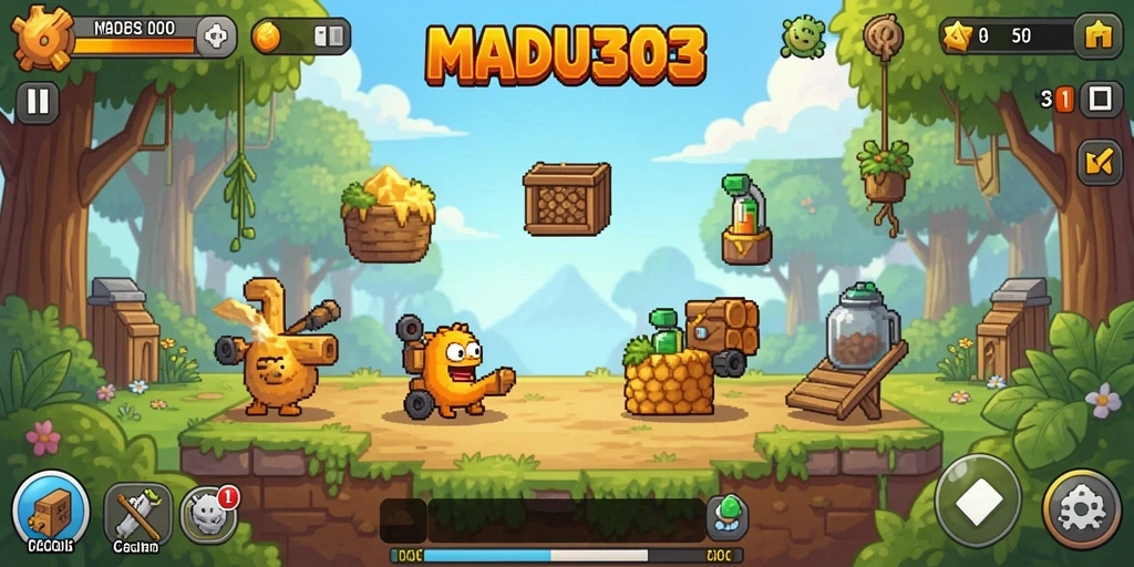 Tampilan gameplay MADU303 dengan karakter dan sumber daya yang dinamis.