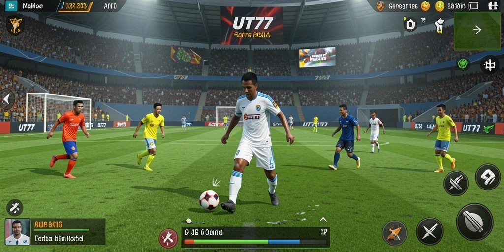 Screenshot gameplay UT77 menunjukkan keseruan pertandingan sepak bola.